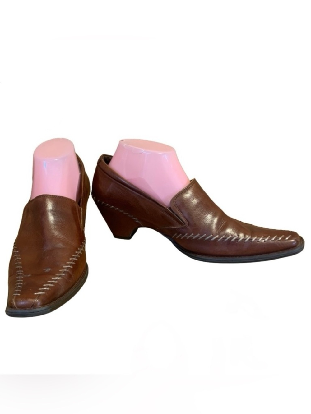VINTAGE Y2K  PIKOLINOS BROWN LEATHER WHIP STITCH DETAILS HEELED LOAFERS (40)